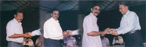 From L to R: M Nagarajan, Chargeman, Plant III, receiving the award for 30 years of service. C Ravi, Chargeman, Plant I and R Mahalingam, Instrument Mechanic, Plant III, receiving the award for 20 years of service.