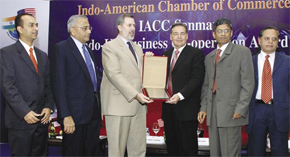 L to R: Hiren Shah, Vice Chairman, IACC, N Sankar of The Sanmar Group, David Hopper, US Consul General in Chennai, Lewis Kling, President & CEO, Flowserve Corporation, USA, R Anand, Chairman, IACC and K V Rangaswamy, Member of the Board and President, L & T - ECC