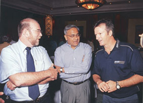 Graham Meyer and N Sankar share a relaxed moment with Steve Waugh. 