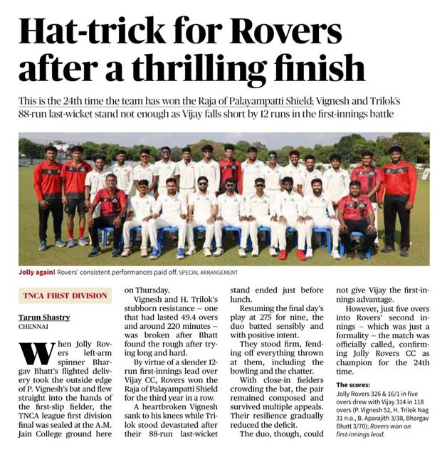 It was a hat trick for Jolly Rovers cricket club, which retained the Raja of Palayampatti Shield for the third season in a row. Jolly Rovers beat Vijay CC in a thrilling finish to lift the Raja of Palayampatti Shield for the 24th time at the TNCA League first-division finals on April 10, 2025.  