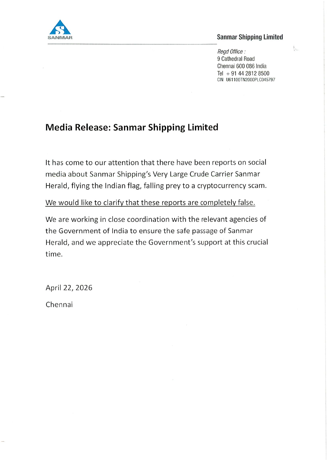 Clarification regarding Sanmar Herald