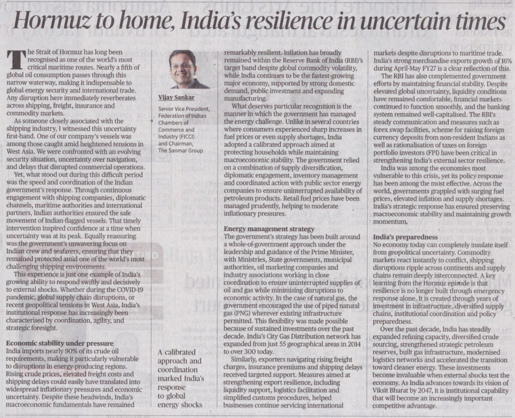 Vijay Sankar, Chairman, The Sanmar Group, writes in The Hindu on India’s growing ability to act with resilience and foresight