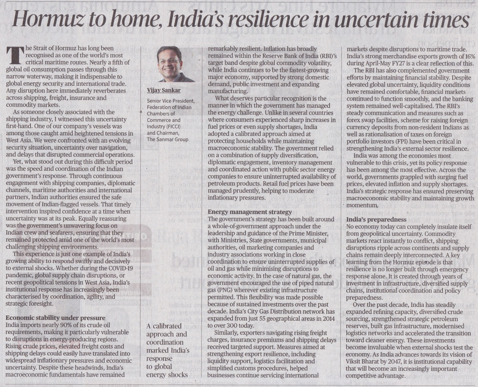 Vijay Sankar, Chairman, The Sanmar Group, writes in The Hindu on India’s growing ability to act with resilience and foresight