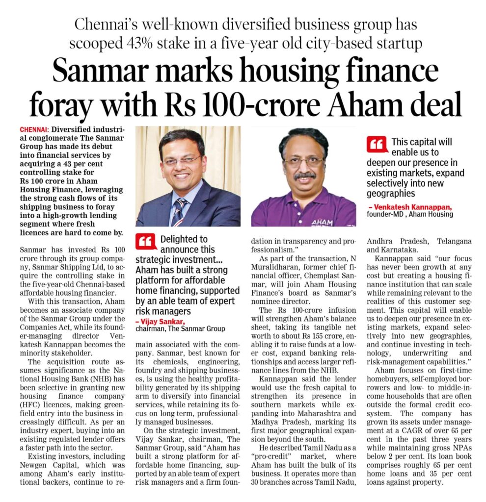 The Sanmar Group enters housing finance with Rs 100-crore investment in Aham